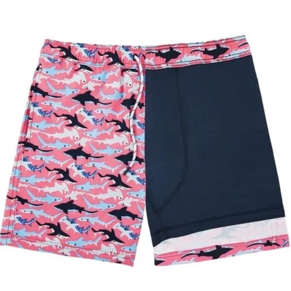 Men's Shark Pattern Board Shorts - Pink and Navy - Picture 3 of 8